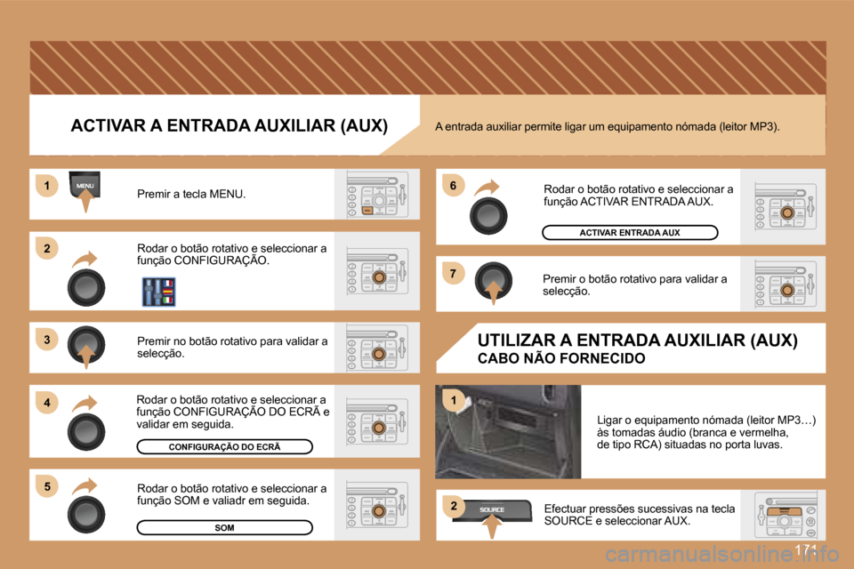 Peugeot 207 CC 2007  Manual do proprietário (in Portuguese) �1�7�1
�2�2
�3�3
�4�4
�5�5
�6�6
�7�7
�1�1
�1�1
�2�2
�A�C�T�I�V�A�R� �A� �E�N�T�R�A�D�A� �A�U�X�I�L�I�A�R� �(�A�U�X�)
�P�r�e�m�i�r� �a� �t�e�c�l�a� �M�E�N�U�.
�R�o�d�a�r� �o� �b�o�t�ã�o� �r�o�t�a�t�i�