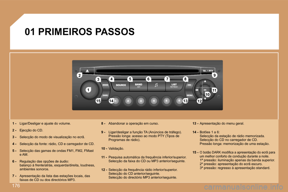 Peugeot 207 CC 2007  Manual do proprietário (in Portuguese) �1�7�6
�1�1
�2�2
�1�0�1�0�1�1�1�1
�1�3�1�3�1�4�1�4�1�5�1�5
�3�3�4�4�5�5�6�6�7�7�8�8�9�9
�1�2�1�2
�0�1� �P�R�I�M�E�I�R�O�S� �P�A�S�S�O�S
�1� �-�  �L�i�g�a�r�/�D�e�s�l�i�g�a�r� �e� �a�j�u�s�t�e� �d�o� �