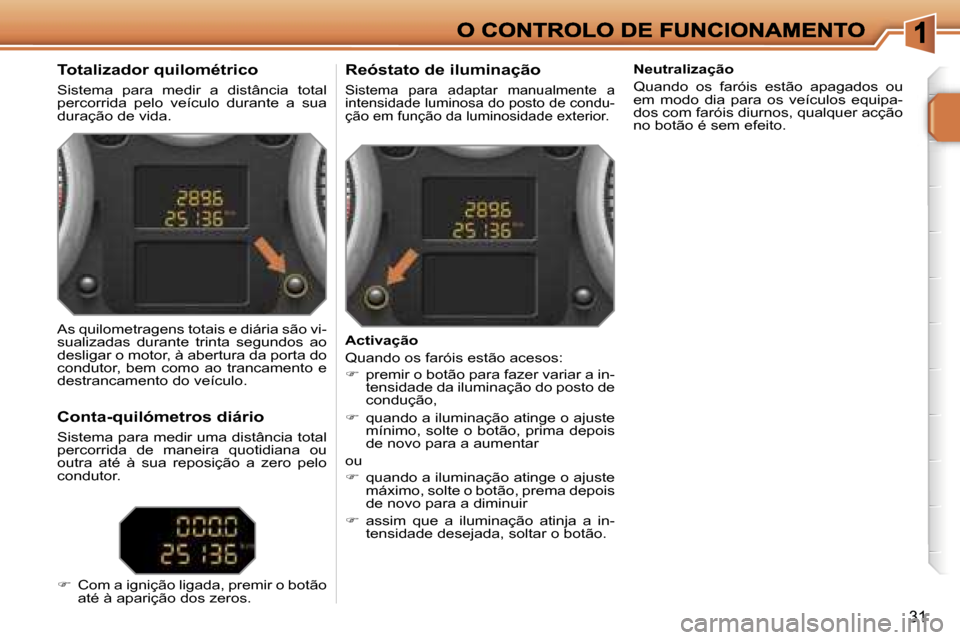 Peugeot 207 CC 2007  Manual do proprietário (in Portuguese) �3�1
�T�o�t�a�l�i�z�a�d�o�r� �q�u�i�l�o�m�é�t�r�i�c�o
�S�i�s�t�e�m�a�  �p�a�r�a�  �m�e�d�i�r�  �a�  �d�i�s�t�â�n�c�i�a�  �t�o�t�a�l� �p�e�r�c�o�r�r�i�d�a�  �p�e�l�o�  �v�e�í�c�u�l�o�  �d�u�r�a�n�t�