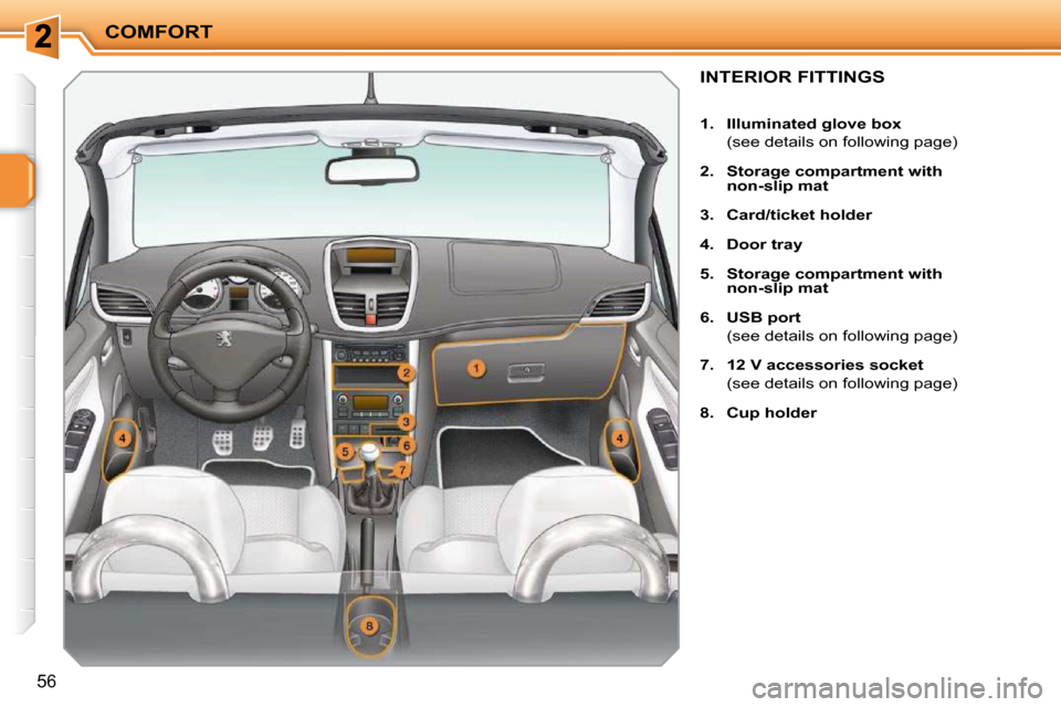 Peugeot 207 CC Dag 2010  Owners Manual COMFORT
56
INTERIOR FITTINGS 
   
1.     Illuminated glove box    
  (see details on following page)  
  
2.     Storage compartment   
    
�w�i�t�h� 
  
non-slip mat   
  
3.     Card   
/ticket   
