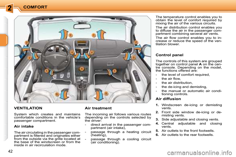 Peugeot 207 CC Dag 2007.5  Owners Manual COMFORT
42
VENTILATION 
� �S�y�s�t�e�m�  �w�h�i�c�h�  �c�r�e�a�t�e�s�  �a�n�d�  �m�a�i�n�t�a�i�n�s�  
�c�o�m�f�o�r�t�a�b�l�e�  �c�o�n�d�i�t�i�o�n�s�  �i�n�  �t�h�e�  �v�e�h�i�c�l�e�’�s� 
�p�a�s�s�e�