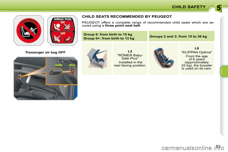 Peugeot 207 CC Dag 2007.5  Owners Manual CHILD SAFETY
83
   Passenger air bag OFF   
 CHILD SEATS RECOMMENDED BY PEUGEOT 
� �P�E�U�G�E�O�T�  �o�f�f�e�r�s�  �a�  �c�o�m�p�l�e�t�e�  �r�a�n�g�e�  �o�f�  �r�e�c�o�m�m�e�n�d�e�d�  �c�h�i�l�d�  �s�