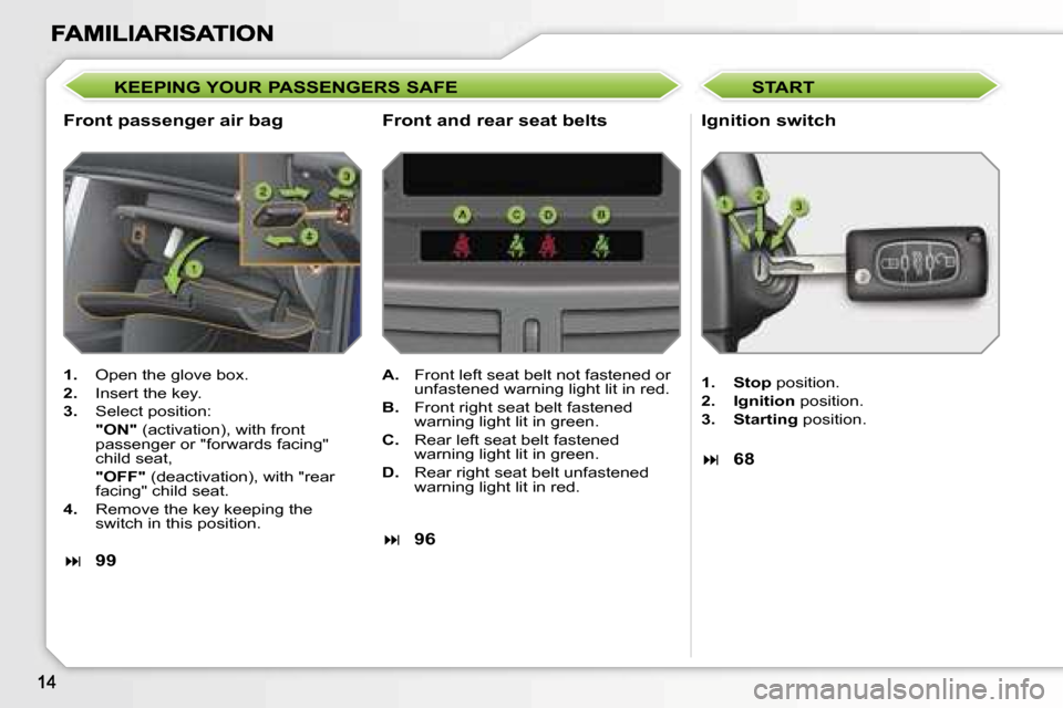 Peugeot 207 CC Dag 2007  Owners Manual �K�E�E�P�I�N�G� �Y�O�U�R� �P�A�S�S�E�N�G�E�R�S� �S�A�F�E
�F�r�o�n�t� �p�a�s�s�e�n�g�e�r� �a�i�r� �b�a�g�I�g�n�i�t�i�o�n� �s�w�i�t�c�h
�1�.�  �O�p�e�n� �t�h�e� �g�l�o�v�e� �b�o�x�.
�2�.�  �I�n�s�e�r�t�