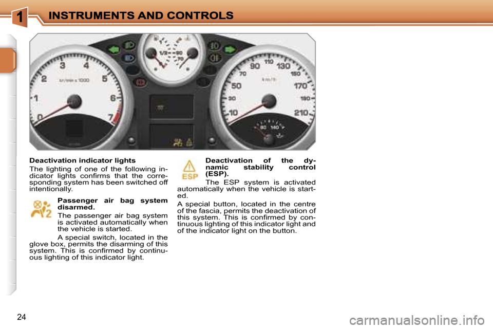 Peugeot 207 CC Dag 2007  Owners Manual �2�4
�D�e�a�c�t�i�v�a�t�i�o�n� �i�n�d�i�c�a�t�o�r� �l�i�g�h�t�s
�T�h�e�  �l�i�g�h�t�i�n�g�  �o�f�  �o�n�e�  �o�f�  �t�h�e�  �f�o�l�l�o�w�i�n�g�  �i�n�-�d�i�c�a�t�o�r�  �l�i�g�h�t�s�  �c�o�n�ﬁ�r�m�s�