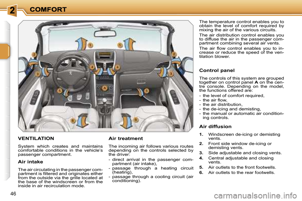 Peugeot 207 CC Dag 2007  Owners Manual �4�6
�V�E�N�T�I�L�A�T�I�O�N
�S�y�s�t�e�m�  �w�h�i�c�h�  �c�r�e�a�t�e�s�  �a�n�d�  �m�a�i�n�t�a�i�n�s� �c�o�m�f�o�r�t�a�b�l�e�  �c�o�n�d�i�t�i�o�n�s�  �i�n�  �t�h�e�  �v�e�h�i�c�l�e�’�s� �p�a�s�s�e�n