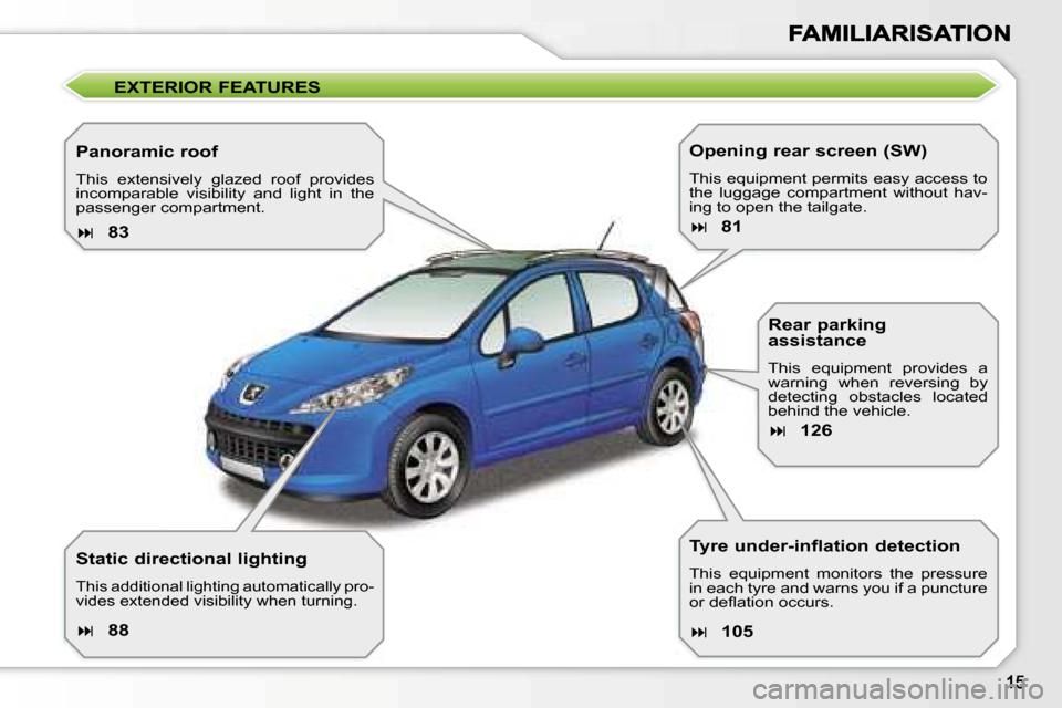 Peugeot 207 Dag 2007  Owners Manual �E�X�T�E�R�I�O�R� �F�E�A�T�U�R�E�S
�P�a�n�o�r�a�m�i�c� �r�o�o�f
�T�h�i�s�  �e�x�t�e�n�s�i�v�e�l�y�  �g�l�a�z�e�d�  �r�o�o�f�  �p�r�o�v�i�d�e�s� �i�n�c�o�m�p�a�r�a�b�l�e�  �v�i�s�i�b�i�l�i�t�y�  �a�n�d