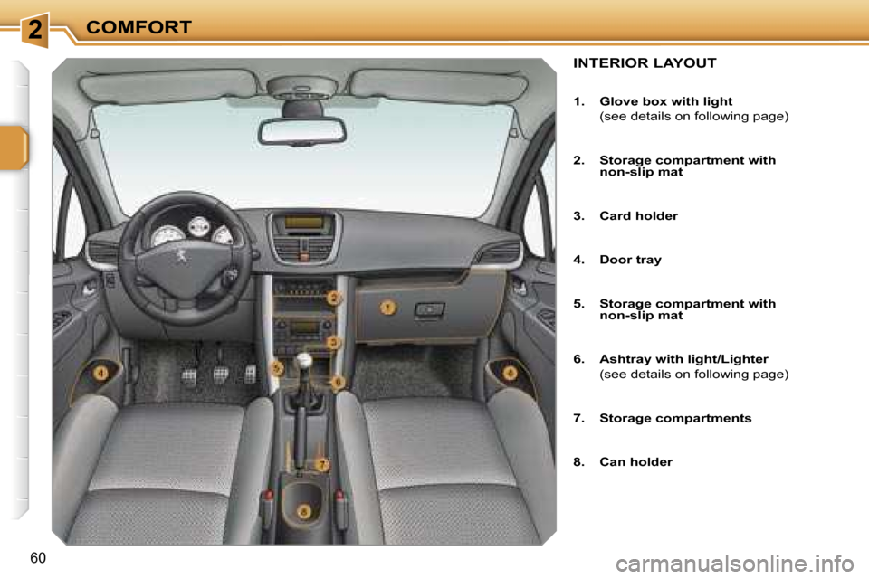 Peugeot 207 Dag 2006.5  Owners Manual �2�C�O�M�F�O�R�T
�6�0
�I�N�T�E�R�I�O�R� �L�A�Y�O�U�T
�1�.�  �G�l�o�v�e� �b�o�x� �w�i�t�h� �l�i�g�h�t 
�  �(�s�e�e� �d�e�t�a�i�l�s� �o�n� �f�o�l�l�o�w�i�n�g� �p�a�g�e�) 
�2�.�  �S�t�o�r�a�g�e� �c�o�m�p