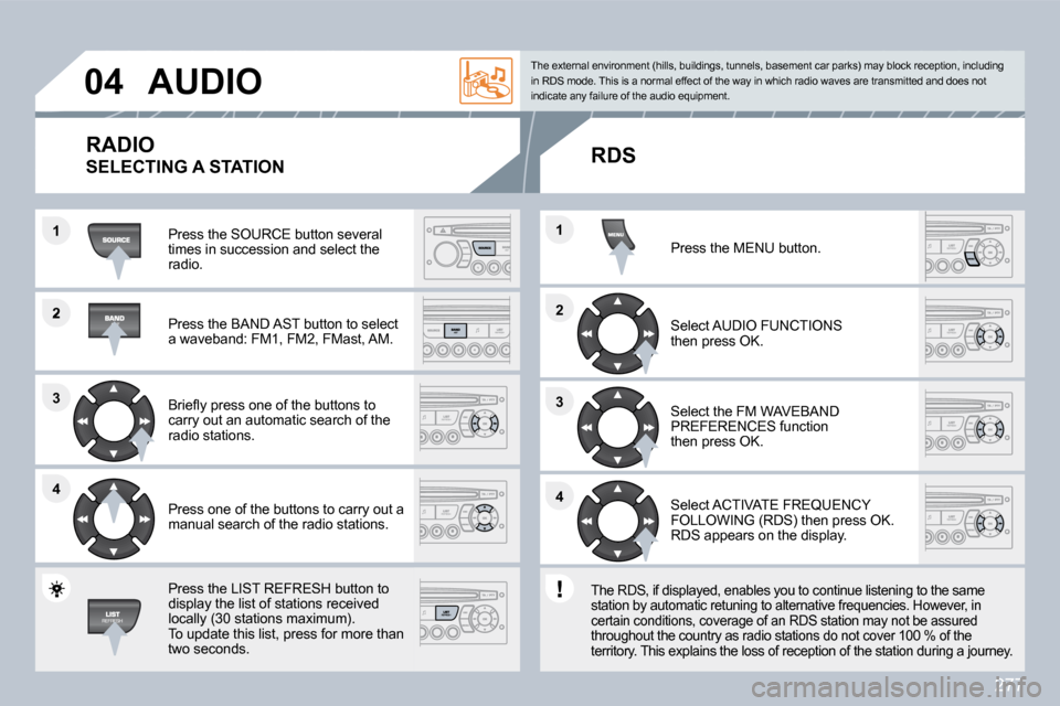 Peugeot 3008 Dag 2010  Owners Manual 277
�2
�3�3
�4�4
�1
�2�2
�4�4
�3�3
�1�1
�0�4� �A�U�D�I�O� 
� �P�r�e�s�s� �t�h�e� �S�O�U�R�C�E� �b�u�t�t�o�n� �s�e�v�e�r�a�l� �t�i�m�e�s� �i�n� �s�u�c�c�e�s�s�i�o�n� �a�n�d� �s�e�l�e�c�t� �t�h�e� radio