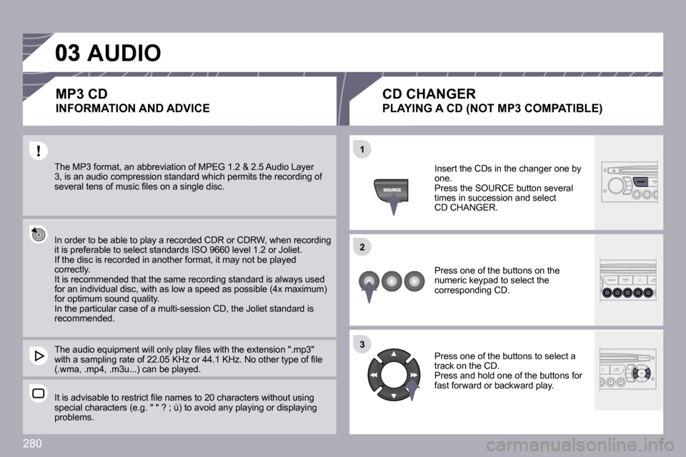 Peugeot 3008 Dag 2009.5  Owners Manual 280
�1�1
�2�2
�3�3
 The MP3 format, an abbreviation of MPEG 1.2 & 2.5 Audio Layer �3�,� �i�s� �a�n� �a�u�d�i�o� �c�o�m�p�r�e�s�s�i�o�n� �s�t�a�n�d�a�r�d� �w�h�i�c�h� �p�e�r�m�i�t�s� �t�h�e� �r�e�c�o�r