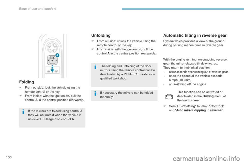 Peugeot 3008 Hybrid 4 2017  Owners Manual 100
3008-2_en_Chap03_ergonomie-et-confort_ed01-2016
The folding and unfolding of the door 
mirrors using the remote control can be 
deactivated by a PEUGEOT dealer or a 
qualified workshop.
If necessa