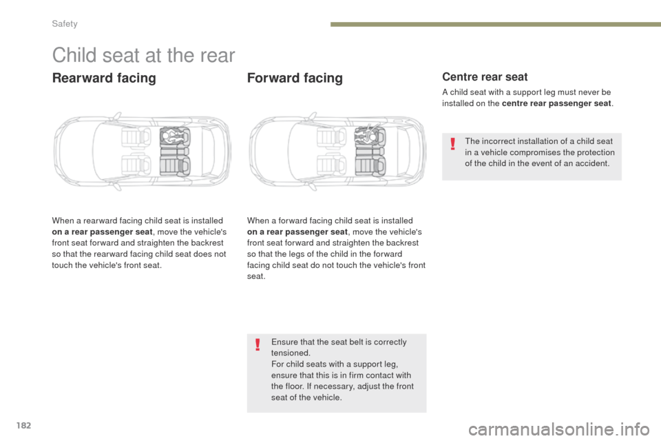 Peugeot 3008 Hybrid 4 2017  Owners Manual 182
3008-2_en_Chap05_securite_ed01-2016
Child seat at the rear
Rearward facing
When a rear ward facing child seat is installed 
on a rear passenger seat, move the vehicles 
front seat for ward and st