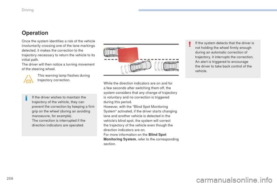 Peugeot 3008 Hybrid 4 2017  Owners Manual 256
3008-2_en_Chap06_conduite_ed01-2016
While the direction indicators are on and for 
a few seconds after switching them off, the 
system considers that any change of trajectory 
is voluntary and no 