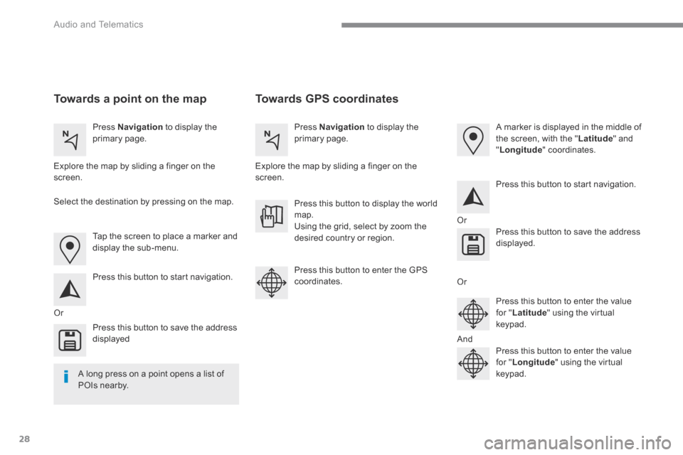 Peugeot 3008 Hybrid 4 2017  Owners Manual 28
 Audio and Telematics 
Transversal-Peugeot_en_Chap01_NAC-2-2-0_ed01-2016
       Towards  GPS  coordinates     Towards a point on the map  
  Press   Navigation  to display the primary  page.    Pre