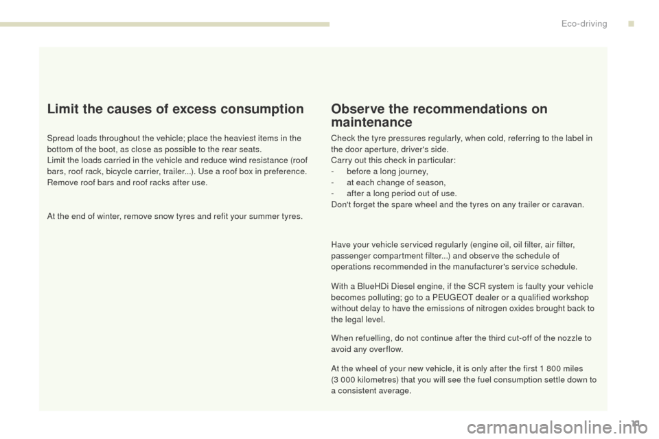 Peugeot 3008 Hybrid 4 2017 Owners Manual - RHD (UK. Australia) 3008-2_en_Chap00c_eco-conduite_ed01-2016
11
Limit the causes of excess consumption
Spread loads throughout the vehicle; place the heaviest items in the
bottom of the boot, as close as possible to the Peugeot 3008 Hybrid 4 2017 Owners Manual - RHD (UK. Australia) 3008-2_en_Chap00c_eco-conduite_ed01-2016
11
Limit the causes of excess consumption
Spread loads throughout the vehicle; place the heaviest items in the
bottom of the boot, as close as possible to the