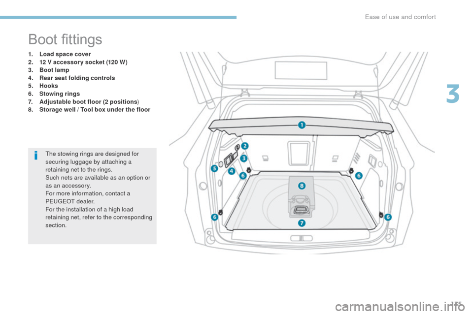 Peugeot 3008 Hybrid 4 2017  Owners Manual - RHD (UK. Australia) 135
3008-2_en_Chap03_ergonomie-et-confort_ed01-2016
Boot fittings
1. Load space cover
2. 12 V accessor y socket (120 W)
3.
 B

oot lamp
4.
 R

ear seat folding controls
5.
 Hoo

ks
6.
 S

towing rings