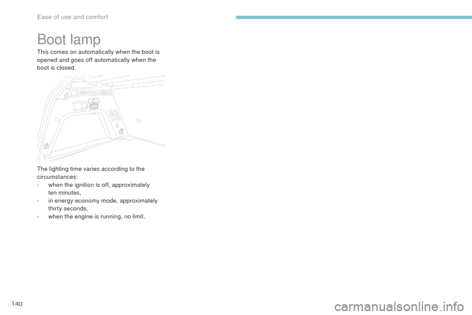 Peugeot 3008 Hybrid 4 2017  Owners Manual - RHD (UK. Australia) 140
3008-2_en_Chap03_ergonomie-et-confort_ed01-2016
Boot lamp
This comes on automatically when the boot is 
opened and goes off automatically when the 
boot is closed.
The lighting time varies accordi