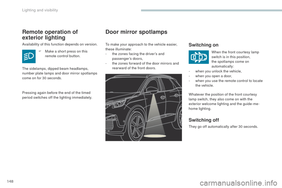 Peugeot 3008 Hybrid 4 2017 Owners Manual - RHD (UK. Australia) 148
3008-2_en_Chap04_eclairage-et-visibilite_ed01-2016
Door mirror spotlamps
Switching on
Whatever the position of the front courtesy
lamp switch, they also come on with the
exterior welcome lightin Peugeot 3008 Hybrid 4 2017 Owners Manual - RHD (UK. Australia) 148
3008-2_en_Chap04_eclairage-et-visibilite_ed01-2016
Door mirror spotlamps
Switching on
Whatever the position of the front courtesy
lamp switch, they also come on with the
exterior welcome lightin