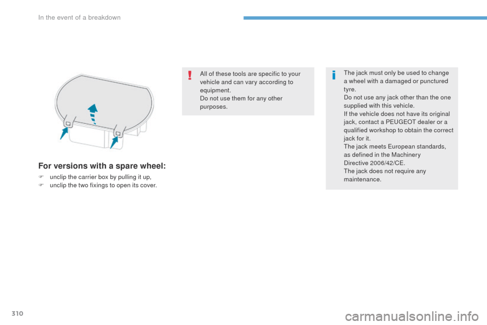 Peugeot 3008 Hybrid 4 2017  Owners Manual - RHD (UK. Australia) 310
3008-2_en_Chap08_en cas-de-panne_ed01-2016
For versions with a spare wheel:
F unclip the carrier box by pulling it up,
F u nclip the two fixings to open its cover. All of these tools are specific 