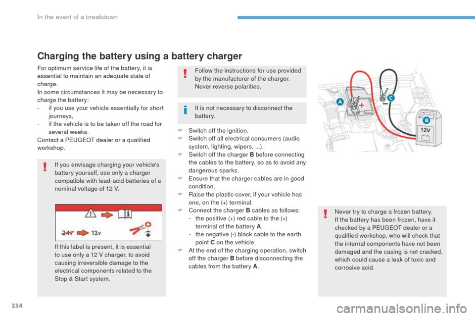 Peugeot 3008 Hybrid 4 2017 Owners Manual - RHD (UK. Australia) 334
3008-2_en_Chap08_en cas-de-panne_ed01-2016
Charging the battery using a battery charger
For optimum service life of the battery, it is
essential to maintain an adequate state of
charge.
In some Peugeot 3008 Hybrid 4 2017 Owners Manual - RHD (UK. Australia) 334
3008-2_en_Chap08_en cas-de-panne_ed01-2016
Charging the battery using a battery charger
For optimum service life of the battery, it is
essential to maintain an adequate state of
charge.
In some