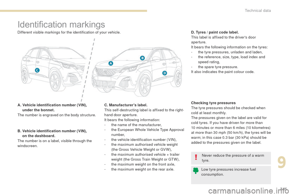 Peugeot 3008 Hybrid 4 2017 Owners Manual - RHD (UK. Australia) 345
3008-2_en_Chap09_caracteristiques_ed01-2016
Identification markings
A. Vehicle identification number (VIN), under the bonnet.
The number is engraved on the body structure. D. Tyres / paint code l Peugeot 3008 Hybrid 4 2017 Owners Manual - RHD (UK. Australia) 345
3008-2_en_Chap09_caracteristiques_ed01-2016
Identification markings
A. Vehicle identification number (VIN), under the bonnet.
The number is engraved on the body structure. D. Tyres / paint code l