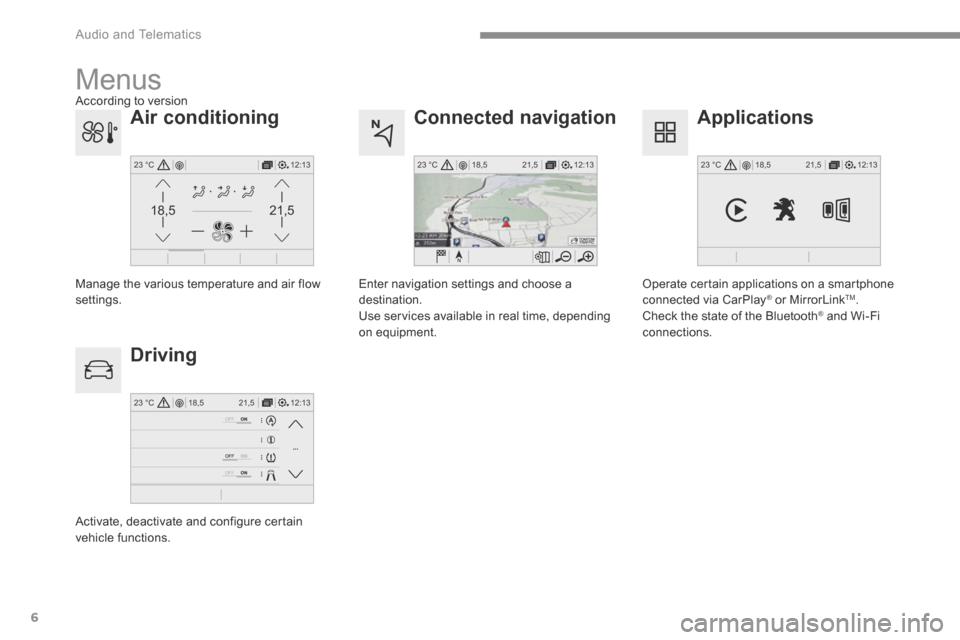 Peugeot 3008 Hybrid 4 2017  Owners Manual - RHD (UK. Australia) 6
12:13
18,5 21,5
23 °C
21,518,5
12:1323 °C12:13
18,5 21,5
23 °C
12:13
18,5 21,5
23 °C
 Audio and Telematics 
Transversal-Peugeot_en_Chap01_NAC-2-2-0_ed01-2016
  Connected  navigation 
  Driving 
