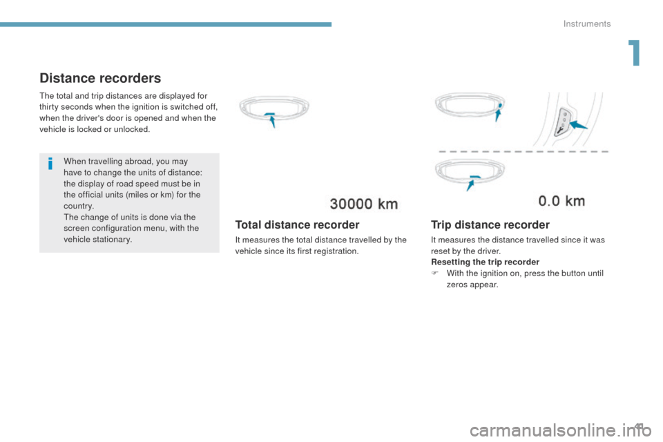 Peugeot 3008 Hybrid 4 2017  Owners Manual - RHD (UK. Australia) 41
3008-2_en_Chap01_instruments-de-bord_ed01-2016
Distance recorders
When travelling abroad, you may 
have to change the units of distance: 
the display of road speed must be in 
the official units (m