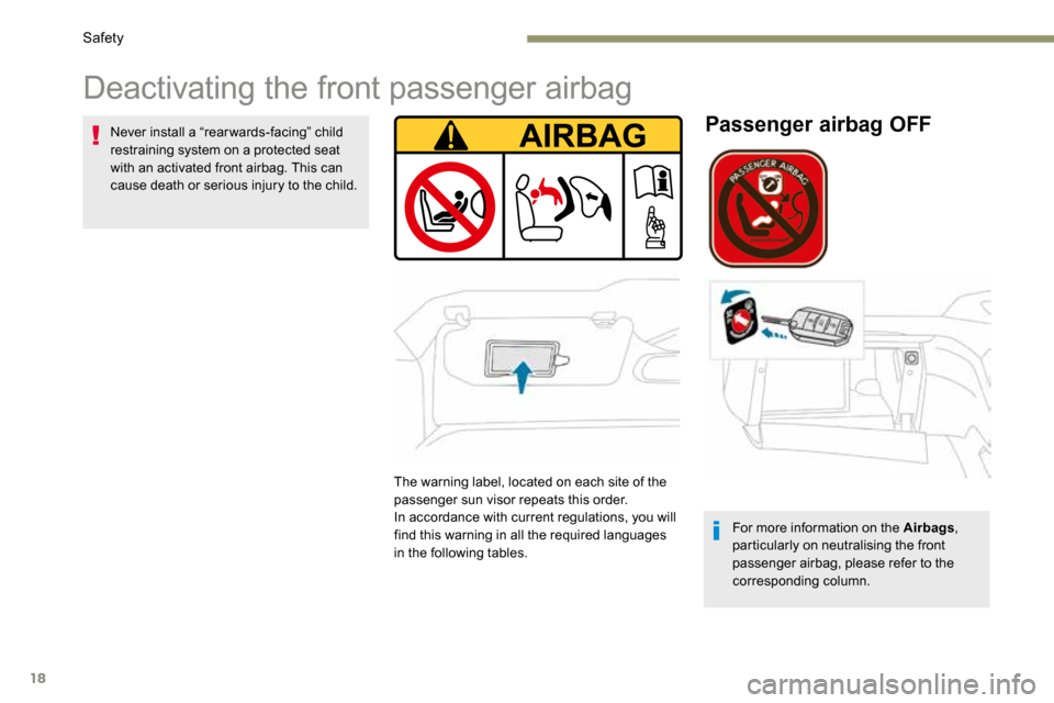 Peugeot 3008 Hybrid 4 2017  Owners Manual - RHD (UK. Australia) 18
Deactivating the front passenger airbag
Never install a “rearwards-facing” child 
restraining system on a protected seat 
with an activated front airbag. This can 
cause death or serious injury
