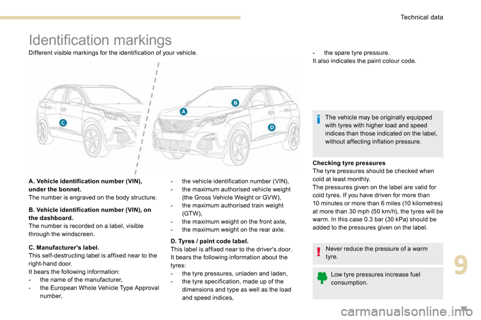 Peugeot 3008 Hybrid 4 2017 Owners Manual - RHD (UK. Australia) 35
Identification markings
Different visible markings for the identification of your vehicle.
A. Vehicle identification number (VIN),
under the bonnet.
The number is engraved on the body structure.
B Peugeot 3008 Hybrid 4 2017 Owners Manual - RHD (UK. Australia) 35
Identification markings
Different visible markings for the identification of your vehicle.
A. Vehicle identification number (VIN),
under the bonnet.
The number is engraved on the body structure.
B