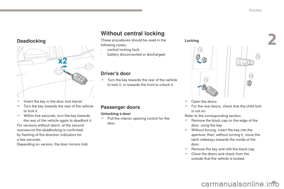 Peugeot 3008 Hybrid 4 2017 Owners Manual - RHD (UK. Australia) 65
3008-2_en_Chap02_ouvertures_ed01-2016
Deadlocking
Without central locking
These procedures should be used in the
following cases:
-
c
entral locking fault,
-
b
attery disconnected or discharge Peugeot 3008 Hybrid 4 2017 Owners Manual - RHD (UK. Australia) 65
3008-2_en_Chap02_ouvertures_ed01-2016
Deadlocking
Without central locking
These procedures should be used in the
following cases:
-
c
entral locking fault,
-
b
attery disconnected or discharge