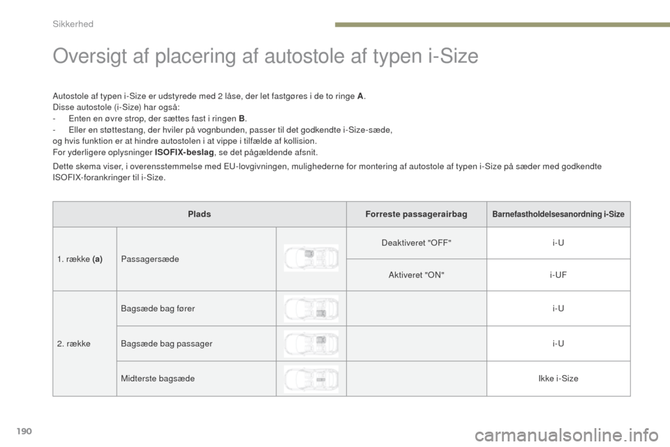 Peugeot 3008 Hybrid 4 2017  Instruktionsbog (in Danish) 190
3008-2_da_Chap05_securite_ed01-2016
oversigt af placering af autostole af typen i-Size
Autostole af typen i-Size er udstyrede med 2 låse, der let fastgøres i de to ringe A.
Disse autostole (i-Si
