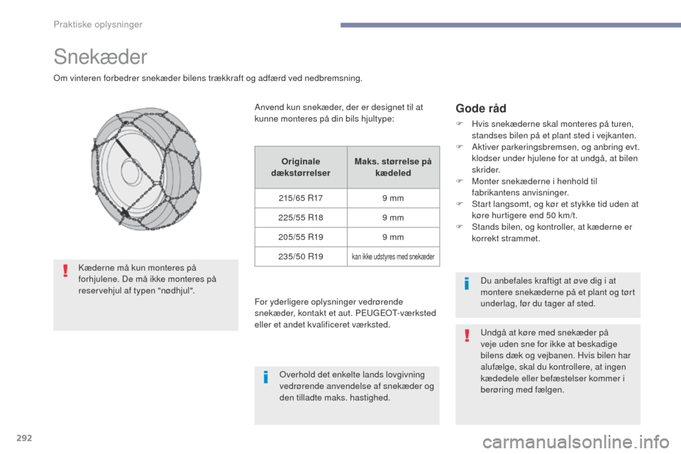 Peugeot 3008 Hybrid 4 2017  Instruktionsbog (in Danish) 292
3008-2_da_Chap07_infos-pratiques_ed01-2016
Snekæder
om vinteren forbedrer snekæder bilens trækkraft og adfærd ved nedbremsning.
Gode råd
F Hvis snekæderne skal monteres på turen, standses b