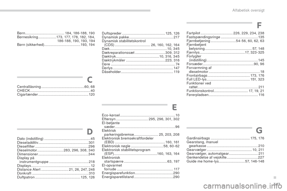 Peugeot 3008 Hybrid 4 2017  Instruktionsbog (in Danish) 347
3008-2_da_Chap11_index-alpha_ed01-2016
Duftspreder ........................................... 125, 126
Dynamisk pakke  ............................................ 217
Dynamisk stabilitetskontrol