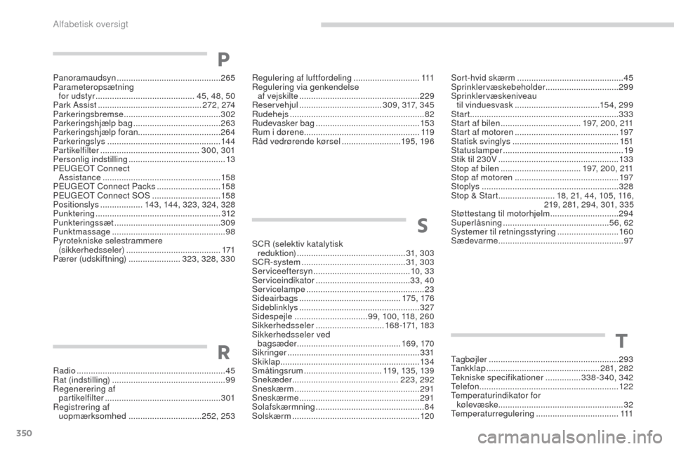 Peugeot 3008 Hybrid 4 2017  Instruktionsbog (in Danish) 350
3008-2_da_Chap11_index-alpha_ed01-2016
Panoramaudsyn ............................................26 5
Parameteropsætning   for udstyr
 
...............................
 ...........45, 48 , 50
Par