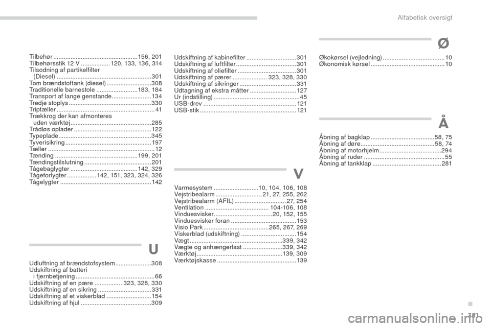 Peugeot 3008 Hybrid 4 2017  Instruktionsbog (in Danish) 351
3008-2_da_Chap11_index-alpha_ed01-2016
U
udluftning af brændstofsystem .....................308ud
skiftning af batteri  
i fjernbetjening
 

.............................................. 66
ud

