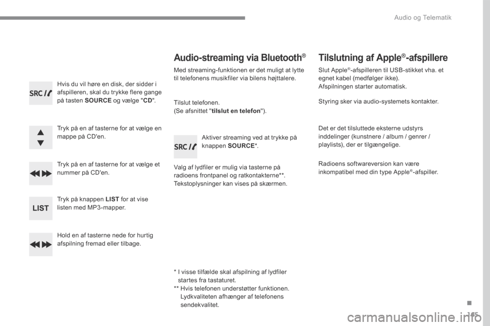 Peugeot 3008 Hybrid 4 2017  Instruktionsbog (in Danish) 165
.
 Audio og Telematik 
Transversal-Peugeot_da_Chap03_RD6_ed01-2016
  Hvis du vil høre en disk, der sidder i afspilleren, skal du trykke flere gange på tasten SOURCE og vælge "CD".  
  Tryk på 