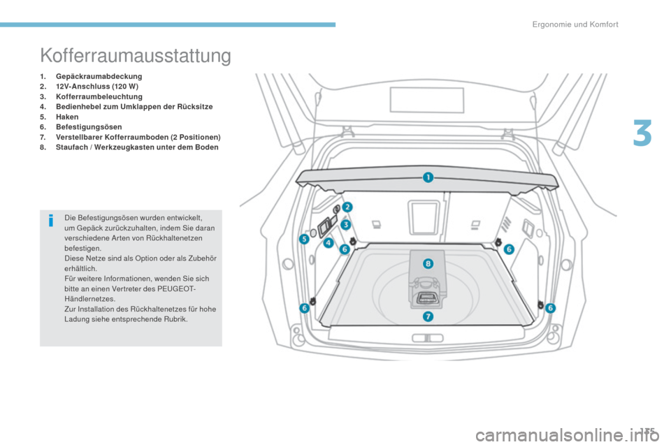 Peugeot 3008 Hybrid 4 2017  Betriebsanleitung (in German) 135
3008-2_de_Chap03_ergonomie-et-confort_ed01-2016
Kofferraumausstattung
1. Gepäckraumabdeckung
2. 1 2V-Anschluss (120  W)
3.
 K

offerraumbeleuchtung
4.
 B

edienhebel zum Umklappen der Rücksitze
