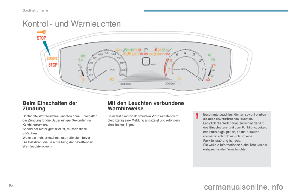 Peugeot 3008 Hybrid 4 2017  Betriebsanleitung (in German) 16
3008-2_de_Chap01_instruments-de-bord_ed01-2016
Kontroll- und Warnleuchten
Beim Einschalten der 
Zündung
Bestimmte Warnleuchten leuchten beim Einschalten 
der Zündung für die Dauer einiger Sekund