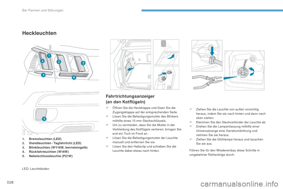 Peugeot 3008 Hybrid 4 2017 Betriebsanleitung (in German) 328
3008-2_de_Chap08_en cas-de-panne_ed01-2016
Fahrtrichtungsanzeiger
(an den Kotflügeln)
F Öffnen Sie die Heckklappe und lösen Sie die Zugangsklappe auf der entsprechenden Seite.
F
L
ösen Sie Peugeot 3008 Hybrid 4 2017 Betriebsanleitung (in German) 328
3008-2_de_Chap08_en cas-de-panne_ed01-2016
Fahrtrichtungsanzeiger
(an den Kotflügeln)
F Öffnen Sie die Heckklappe und lösen Sie die Zugangsklappe auf der entsprechenden Seite.
F
L
ösen Sie