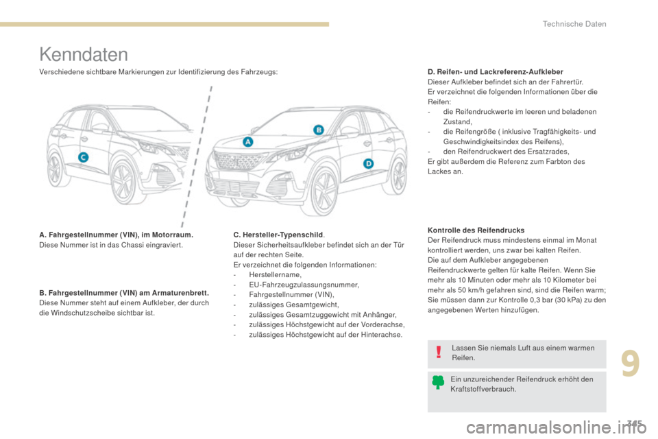 Peugeot 3008 Hybrid 4 2017 Betriebsanleitung (in German) 345
3008-2_de_Chap09_caracteristiques_ed01-2016
Kenndaten
A. Fahrgestellnummer (VIN), im Motorraum.
Diese Nummer ist in das Chassi eingravier t.D. Reifen- und Lackreferenz-Aufkleber
Dieser Aufkleber b Peugeot 3008 Hybrid 4 2017 Betriebsanleitung (in German) 345
3008-2_de_Chap09_caracteristiques_ed01-2016
Kenndaten
A. Fahrgestellnummer (VIN), im Motorraum.
Diese Nummer ist in das Chassi eingravier t.D. Reifen- und Lackreferenz-Aufkleber
Dieser Aufkleber b