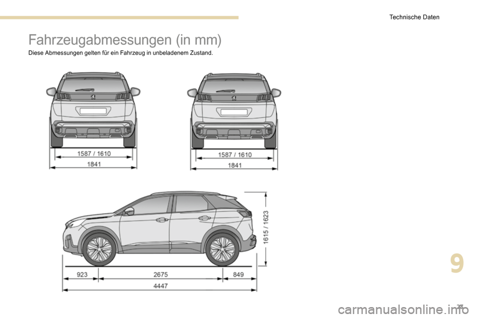 Peugeot 3008 Hybrid 4 2017  Betriebsanleitung (in German) 23
Fahrzeugabmessungen (in mm)
Diese Abmessungen gelten für ein Fahrzeug in unbeladenem Zustand.
9 
Technische Daten  