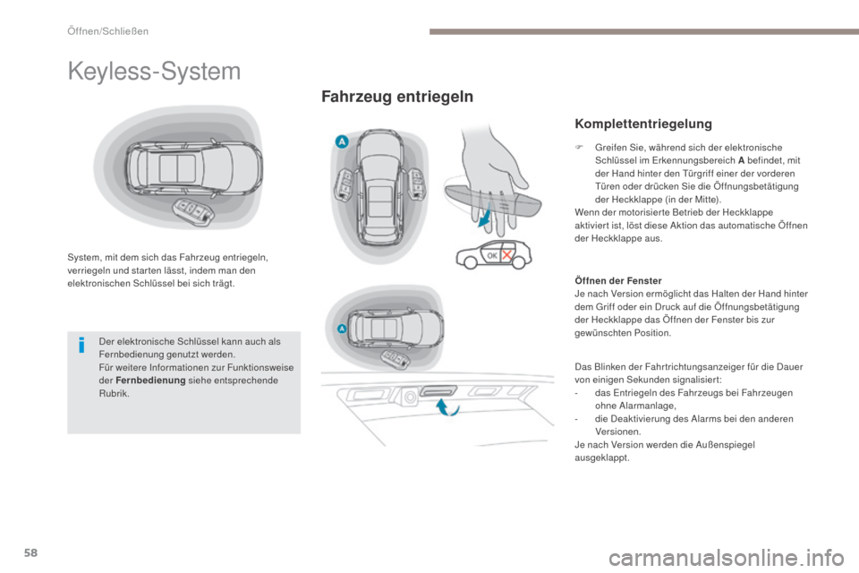 Peugeot 3008 Hybrid 4 2017 Betriebsanleitung (in German) 58
3008-2_de_Chap02_ouvertures_ed01-2016
Keyless-System
System, mit dem sich das Fahrzeug entriegeln,
verriegeln und star ten lässt, indem man den
elektronischen Schlüssel bei sich trägt.
Fahrzeu Peugeot 3008 Hybrid 4 2017 Betriebsanleitung (in German) 58
3008-2_de_Chap02_ouvertures_ed01-2016
Keyless-System
System, mit dem sich das Fahrzeug entriegeln,
verriegeln und star ten lässt, indem man den
elektronischen Schlüssel bei sich trägt.
Fahrzeu