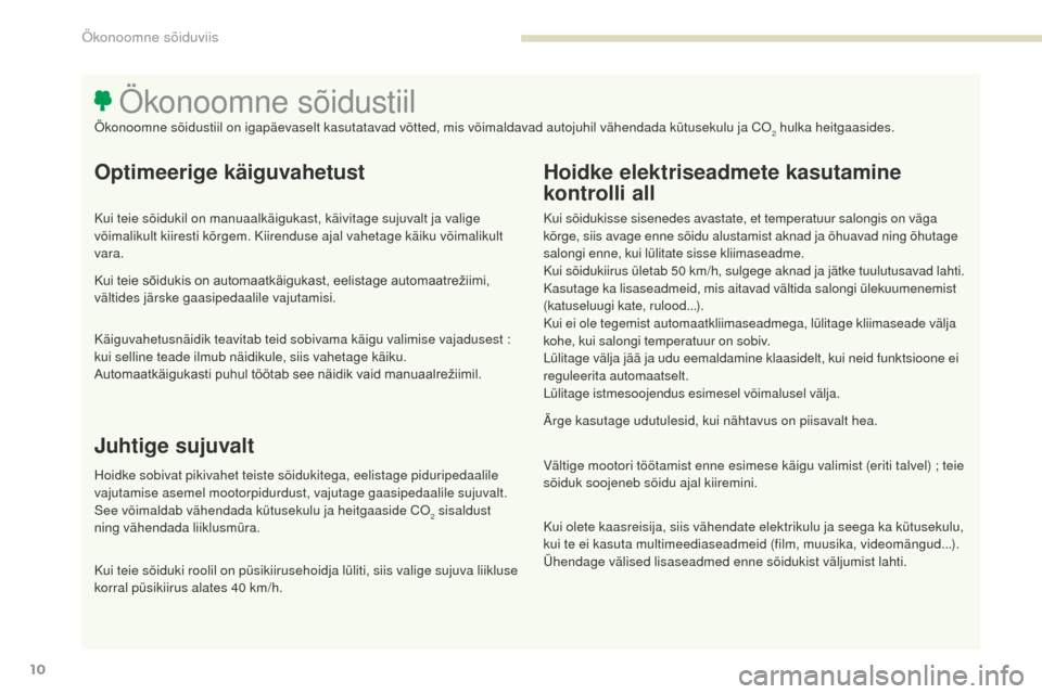 Peugeot 3008 Hybrid 4 2017 Omaniku käsiraamat (in Estonian) 3008-2_et_Chap00c_eco-conduite_ed01-2016
10
Optimeerige käiguvahetust
Kui teie sõidukil on manuaalkäigukast, käivitage sujuvalt ja valige
võimalikult kiiresti kõrgem. Kiirenduse ajal vahetage k Peugeot 3008 Hybrid 4 2017 Omaniku käsiraamat (in Estonian) 3008-2_et_Chap00c_eco-conduite_ed01-2016
10
Optimeerige käiguvahetust
Kui teie sõidukil on manuaalkäigukast, käivitage sujuvalt ja valige
võimalikult kiiresti kõrgem. Kiirenduse ajal vahetage k
