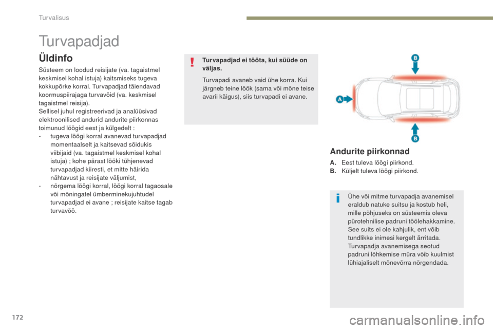 Peugeot 3008 Hybrid 4 2017 Omaniku käsiraamat (in Estonian) 172
3008-2_et_Chap05_securite_ed01-2016
Turvapadjad
Üldinfo
Süsteem on loodud reisijate (va. tagaistmel
keskmisel kohal istuja) kaitsmiseks tugeva
kokkupõrke korral. Turvapadjad täiendavad
koor Peugeot 3008 Hybrid 4 2017 Omaniku käsiraamat (in Estonian) 172
3008-2_et_Chap05_securite_ed01-2016
Turvapadjad
Üldinfo
Süsteem on loodud reisijate (va. tagaistmel
keskmisel kohal istuja) kaitsmiseks tugeva
kokkupõrke korral. Turvapadjad täiendavad
koor