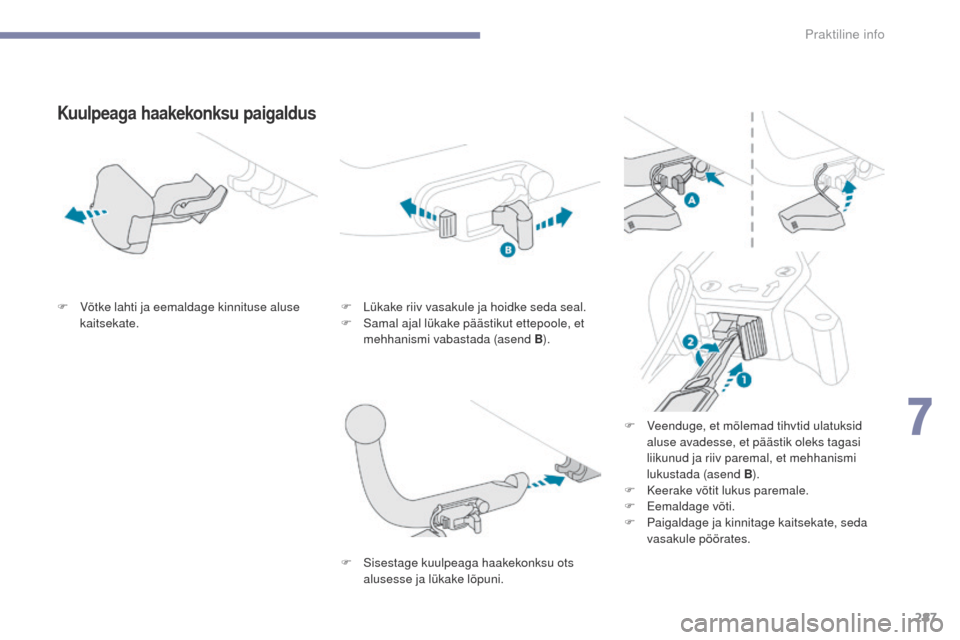 Peugeot 3008 Hybrid 4 2017  Omaniku käsiraamat (in Estonian) 287
3008-2_et_Chap07_infos-pratiques_ed01-2016
Kuulpeaga haakekonksu paigaldus
F Võtke lahti ja eemaldage kinnituse aluse kaitsekate. F
 L ükake riiv vasakule ja hoidke seda seal.
F  S amal ajal lü