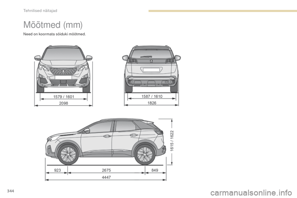 Peugeot 3008 Hybrid 4 2017  Omaniku käsiraamat (in Estonian) 344
3008-2_et_Chap09_caracteristiques_ed01-2016
M õ õt m e d  (m m)
Need on koormata sõiduki mõõtmed. 
Tehnilised näitajad  