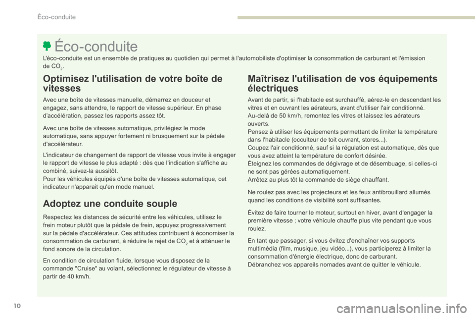 Peugeot 3008 Hybrid 4 2017 Manuel du propriétaire (in French) 10
Optimisez lutilisation de votre boîte de
vitesses
Avec une boîte de vitesses manuelle, démarrez en douceur et
engagez, sans attendre, le rapport de vitesse supérieur. En phase
d’accélér Peugeot 3008 Hybrid 4 2017 Manuel du propriétaire (in French) 10
Optimisez lutilisation de votre boîte de
vitesses
Avec une boîte de vitesses manuelle, démarrez en douceur et
engagez, sans attendre, le rapport de vitesse supérieur. En phase
d’accélér