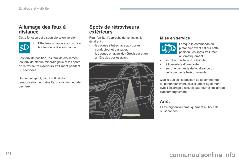 Peugeot 3008 Hybrid 4 2017 Manuel du propriétaire (in French) 148
Spots de rétroviseurs
extérieurs
Mise en service
Quelle que soit la position de la commande
du plafonnier avant, ils sallument également
avec léclairage daccueil extérieur et léclaira Peugeot 3008 Hybrid 4 2017 Manuel du propriétaire (in French) 148
Spots de rétroviseurs
extérieurs
Mise en service
Quelle que soit la position de la commande
du plafonnier avant, ils sallument également
avec léclairage daccueil extérieur et léclaira
