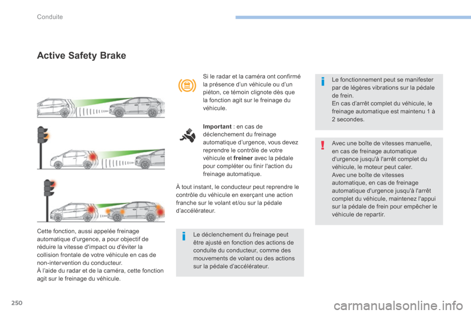 Peugeot 3008 Hybrid 4 2017 Manuel du propriétaire (in French) 250
Active Safety Brake
Cette fonction, aussi appelée freinage
automatique durgence, a pour objectif de
réduire la vitesse dimpact ou déviter la
collision frontale de votre véhicule en cas d Peugeot 3008 Hybrid 4 2017 Manuel du propriétaire (in French) 250
Active Safety Brake
Cette fonction, aussi appelée freinage
automatique durgence, a pour objectif de
réduire la vitesse dimpact ou déviter la
collision frontale de votre véhicule en cas d