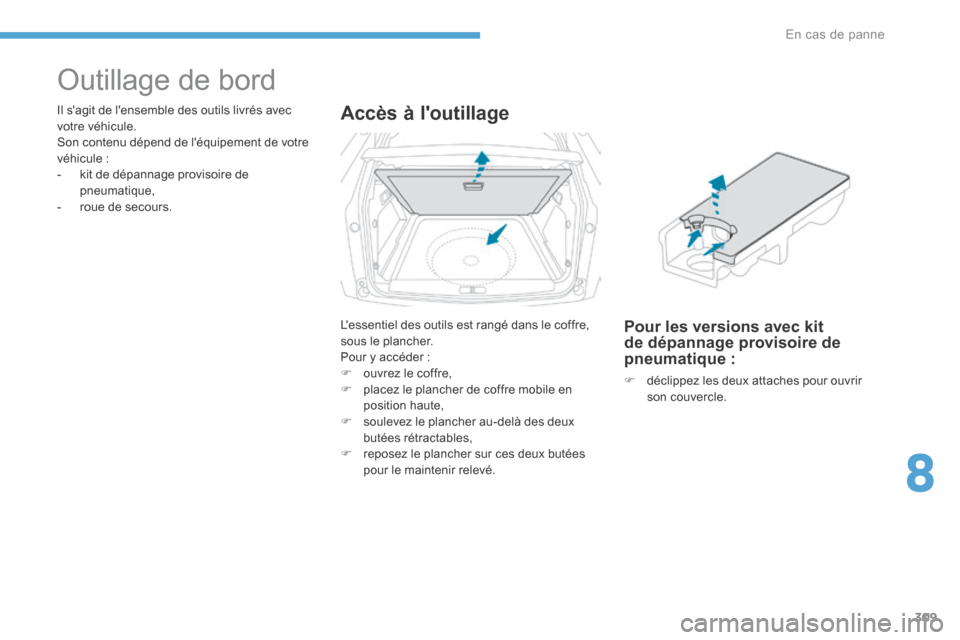 Peugeot 3008 Hybrid 4 2017  Manuel du propriétaire (in French) 309
Outillage de bord
Il sagit de lensemble des outils livrés avec 
votre véhicule.
Son contenu dépend de léquipement de votre 
véhicule :
- kit de dépannage provisoire de 
pneumatique,
-  ro