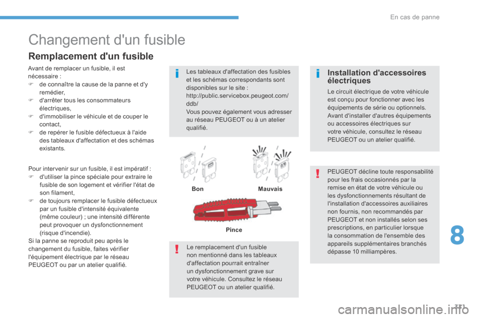 Peugeot 3008 Hybrid 4 2017  Manuel du propriétaire (in French) 331
Changement dun fusible
Avant de remplacer un fusible, il est 
nécessaire :
F  de connaître la cause de la panne et dy 
remédier,
F  darrêter tous les consommateurs 
électriques,
F  dimmob